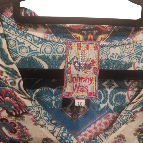 Johnny Was 100% Silk Georgette Paisley Crinkle Tunic Blouse Top Plus Size 1X - Picture 9 of 12